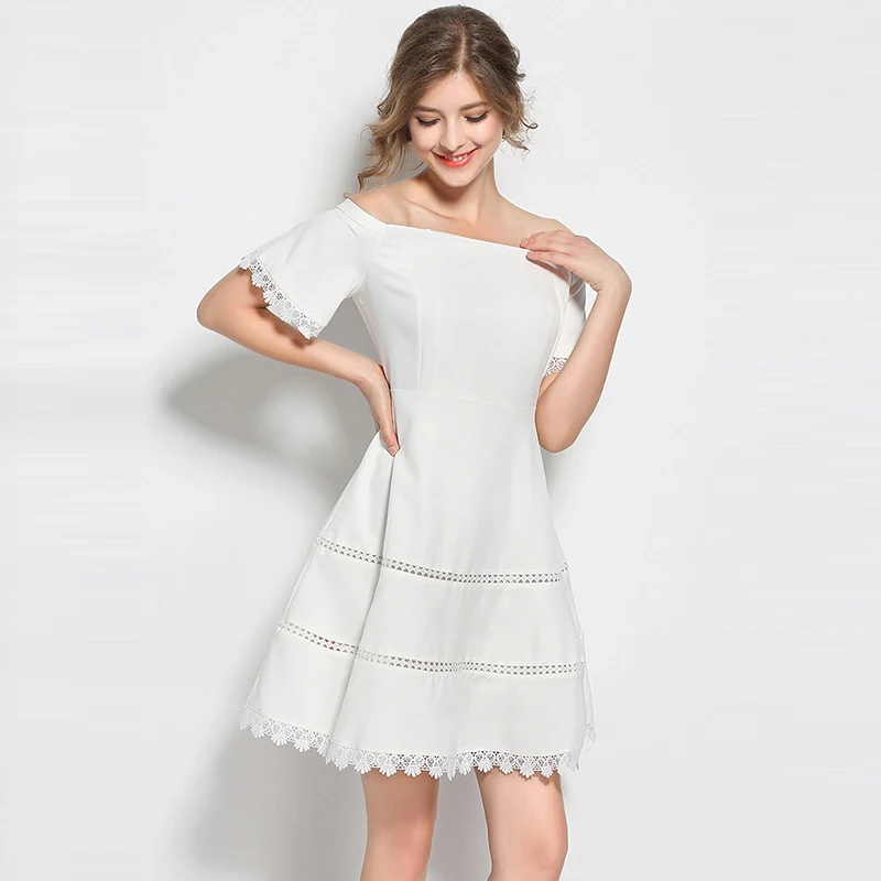 

Vintage Lace Patchwork Dress Women Short Sleeve Off The Shoulder Elegant Party Sexy Dresses Retro Summer Robe Big Swing Dress