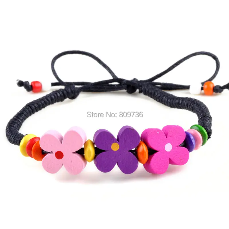 New 60pcs Multicolor Wood Flower Bracelets Lady Girl Wristband Bulk