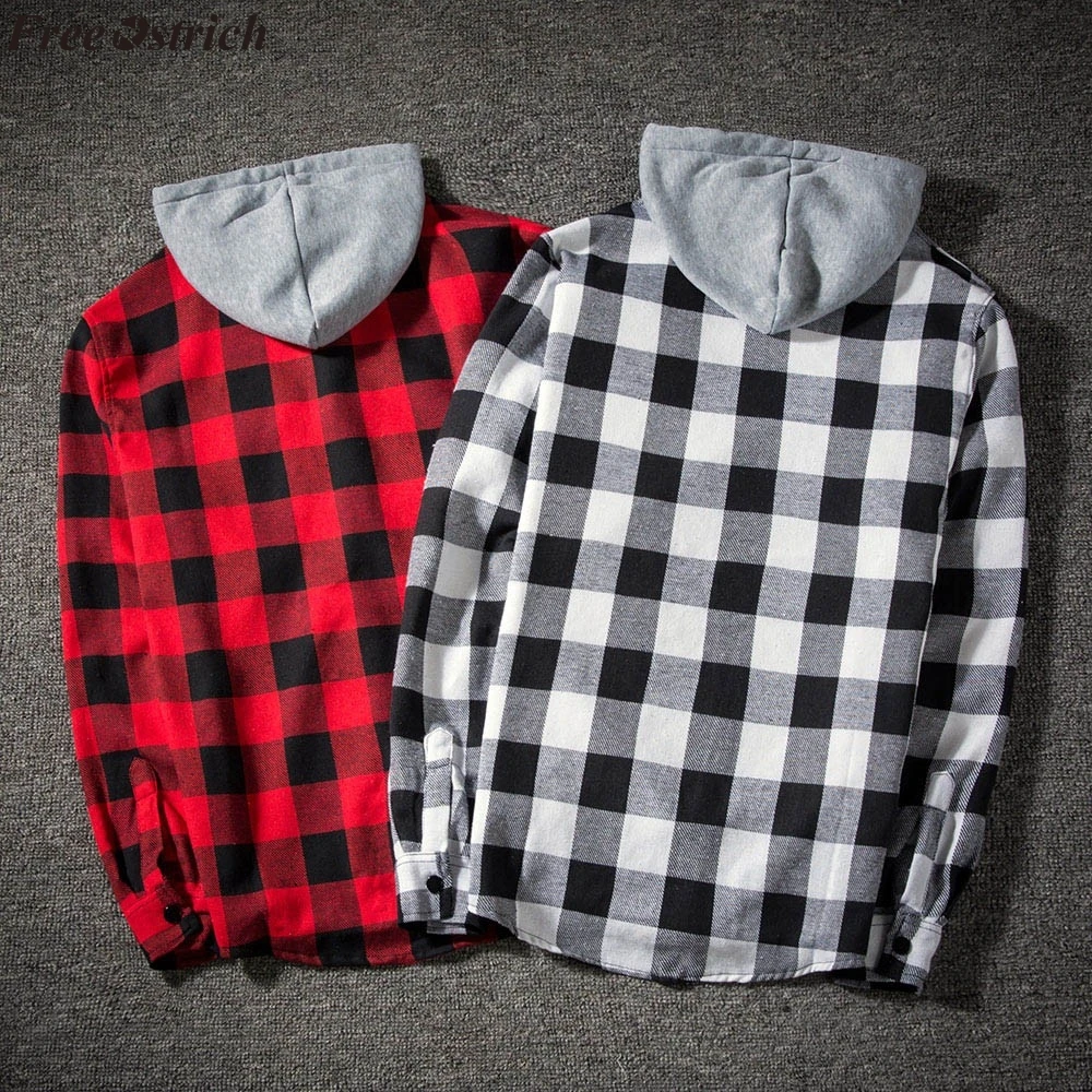 FREE OSTRICH hoodies Tracksuit Men's Autumn Casual Plaid Shirts Long Sleeve Pullover Shirt Top Hooded Blouse Sportswear