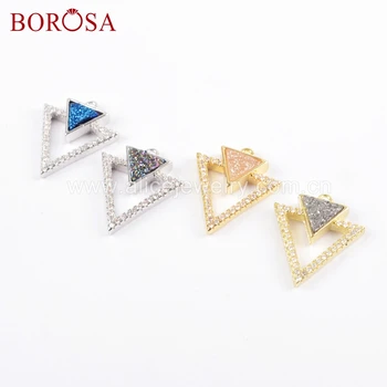 

BOROSA 8pcs Micro Pave CZ Triangle Rainbow Druzy Charm Gold Silver Color Cubic Zirconia Natural Jewelry WX1040