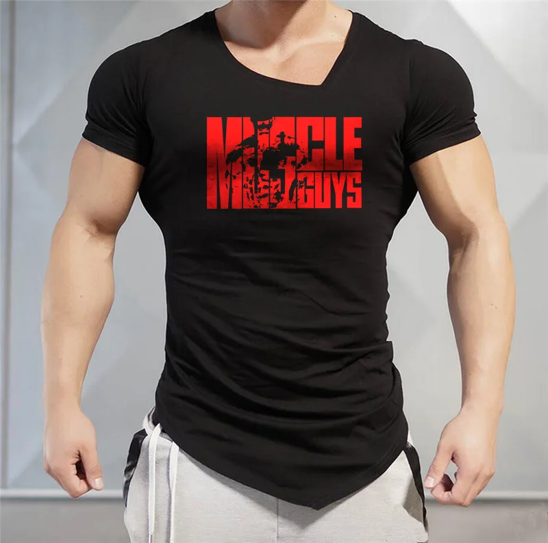 MuscleguysBrandLettersprintMensTShirtsFitnessgymsClothingWorkoutVneckTShirtCotton