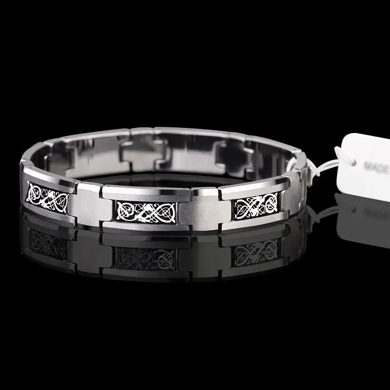 Новая мода Saya бренд полированный мужской вольфрам карбид браслет инкрустация Дракон узоры 20 см длина серебро/золото цвет