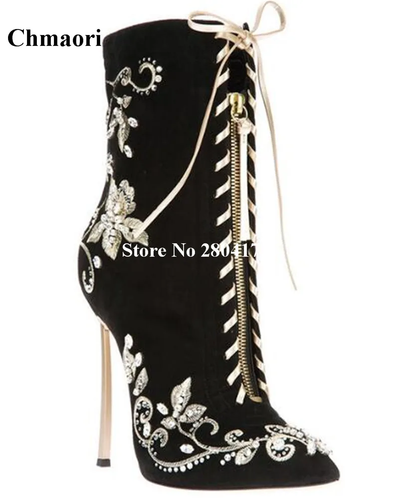

New Rome Fashion Spring Autumn Boots Pointed Crystal Floral And Lace Pointed Toe Super-high Heel Handmake Flock Zipper Shoes