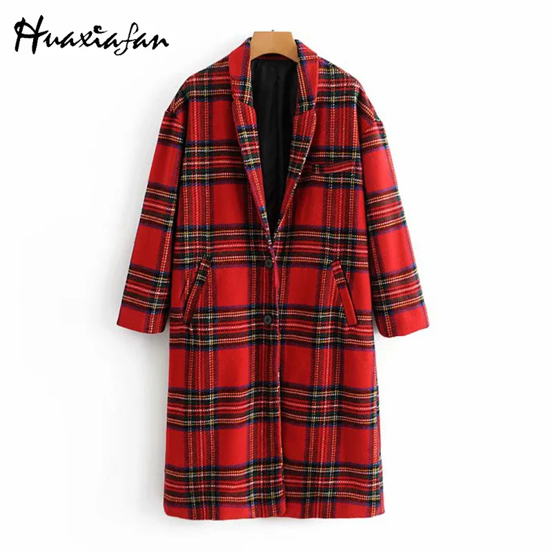 Rouge Huaxiafan Laine Longues À Chaud Tournent Le Carreaux Manches Tops Red Long Droite De Épais Vers Plaid Manteau Femmes D'hiver Bas Lâche WDH9eE2IY