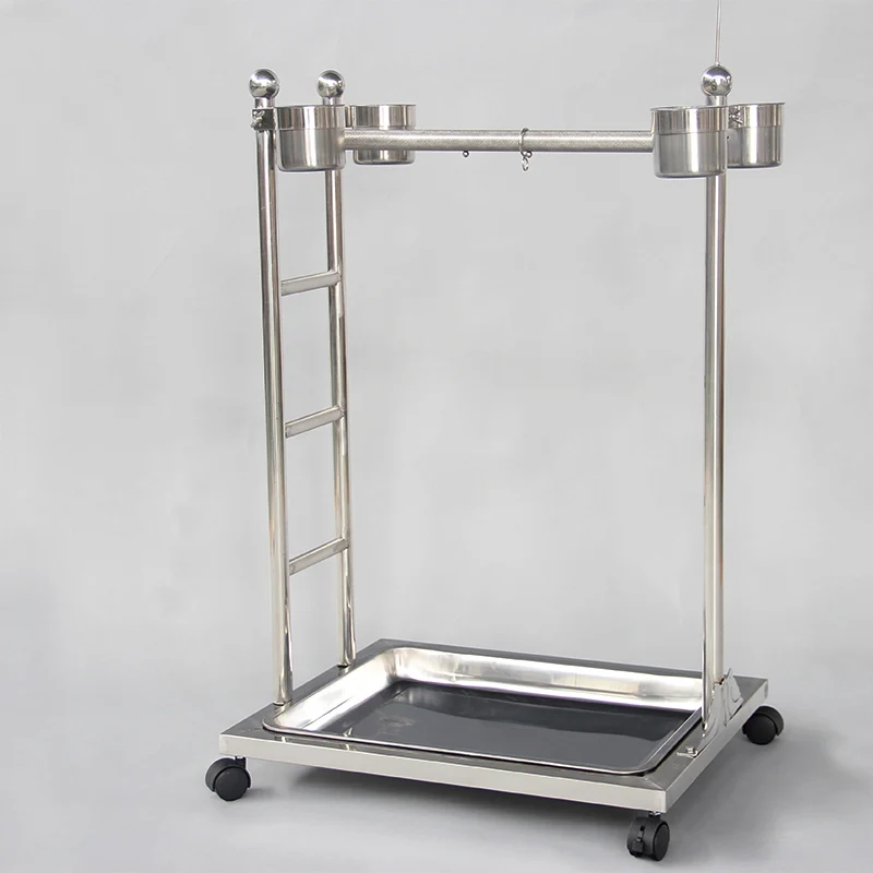 Portable Stainless Steel Parrot Stand With Perch And Feeding Cups Bird