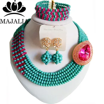 

Crystal Nigeria Wedding Teal Green african beads jewelry set crystal necklace bracelet earrings Free shipping Majalia-045