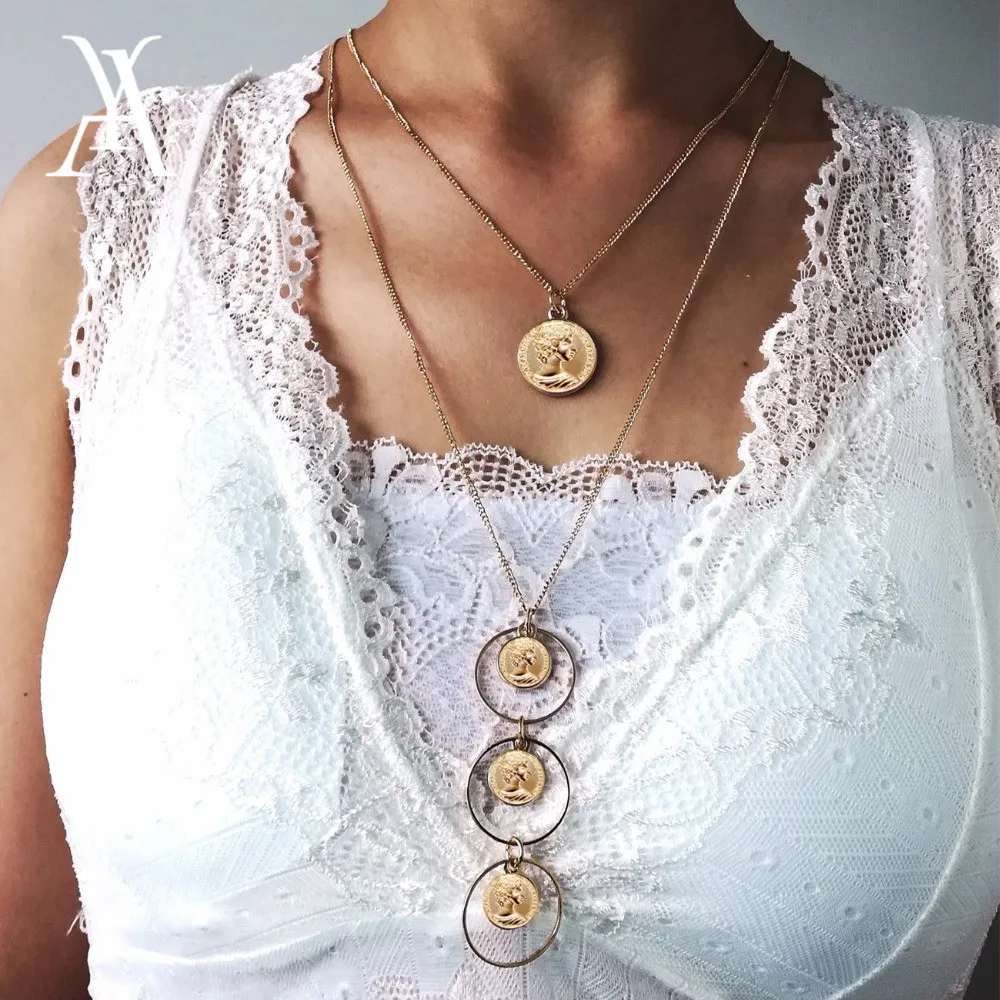 

AY Hot Fashion Gold Color Multilayer Coin Tassels Lariat Bar Necklaces Beads Choker Feather Pendants Necklaces For Women Bijoux