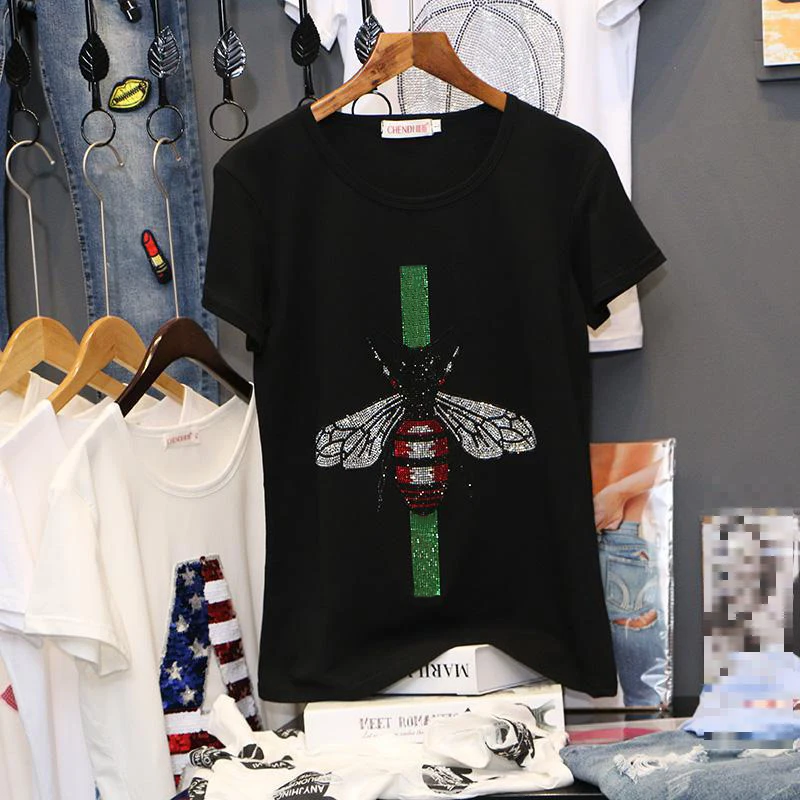 Skup T shirt damski diament z krótkim rękawem bawełna prosta długa koszula letnie koszulki topy nowe dorywczo gorące dzikie panie Rhinestone