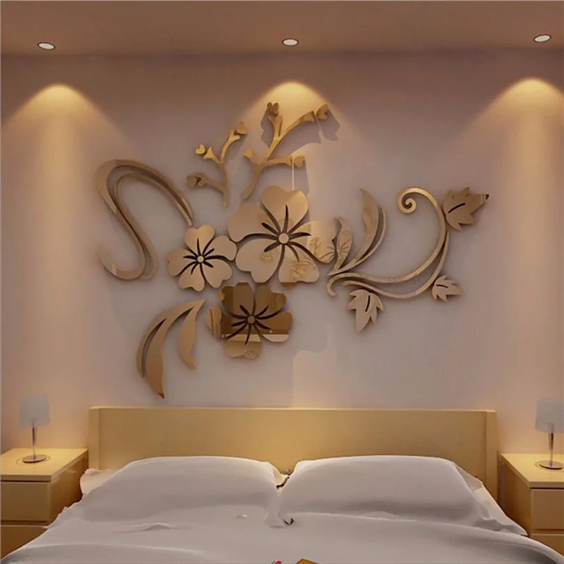 2019 Flower Pattern Wall Sticker Home Decor 3D Wall Decal Art DIY Mirror Wall Stickers Living Room Decoration Silver/Gold 25