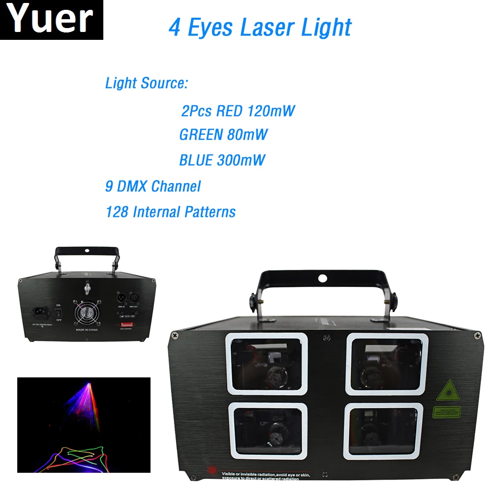 

Yuer Free Shipping 4 Eyes Laser Lights 580mW RGB 3 Colors 9 DMX Channel Laser Projector 128 Kinds of Patterns For Disco Bars
