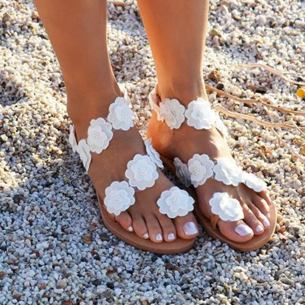 

Womens White sandals Toe Flower Flat Bottom Shoes Summer Sandals Open Toe Rome sandalias mujer 2019 zapatos de mujer NEW