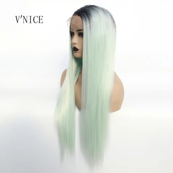 

V'NICE Middle Part Natural Long Dark Roots Ombre Mint Color Wig Heat Resistant Fiber Synthetic Lace Front Braid Wig Cosplay