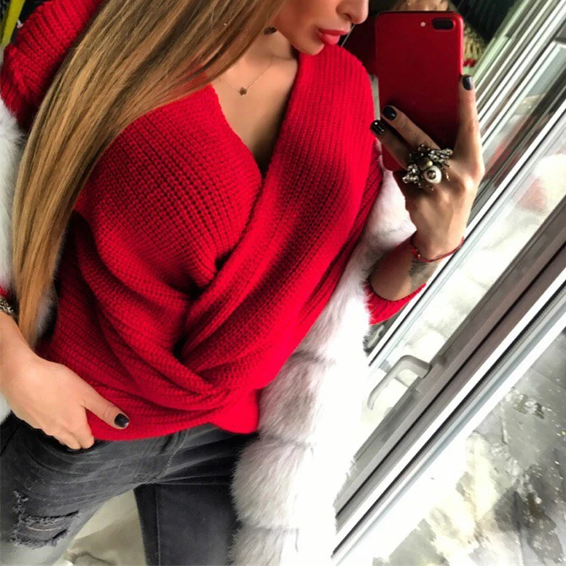 

Women saweater Winter Sexy V-Neck Long Sleeve tops Cross New High Quality Knitted Sweater WS5327M