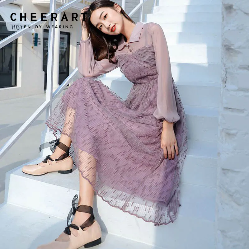 

Cheerart Embroidered Purple Dress Women Autumn 2018 Vintage Mesh Long Midi Dress Ladies High Waist Sheer Dress Clothing