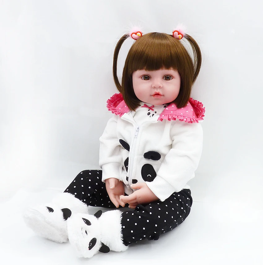 

Pursue 24"/60 cm Handmade Panda Clothes Silicone Doll Reborn Soft Cloth Body Toddler Princess Doll for Adoption Brown Long Hair