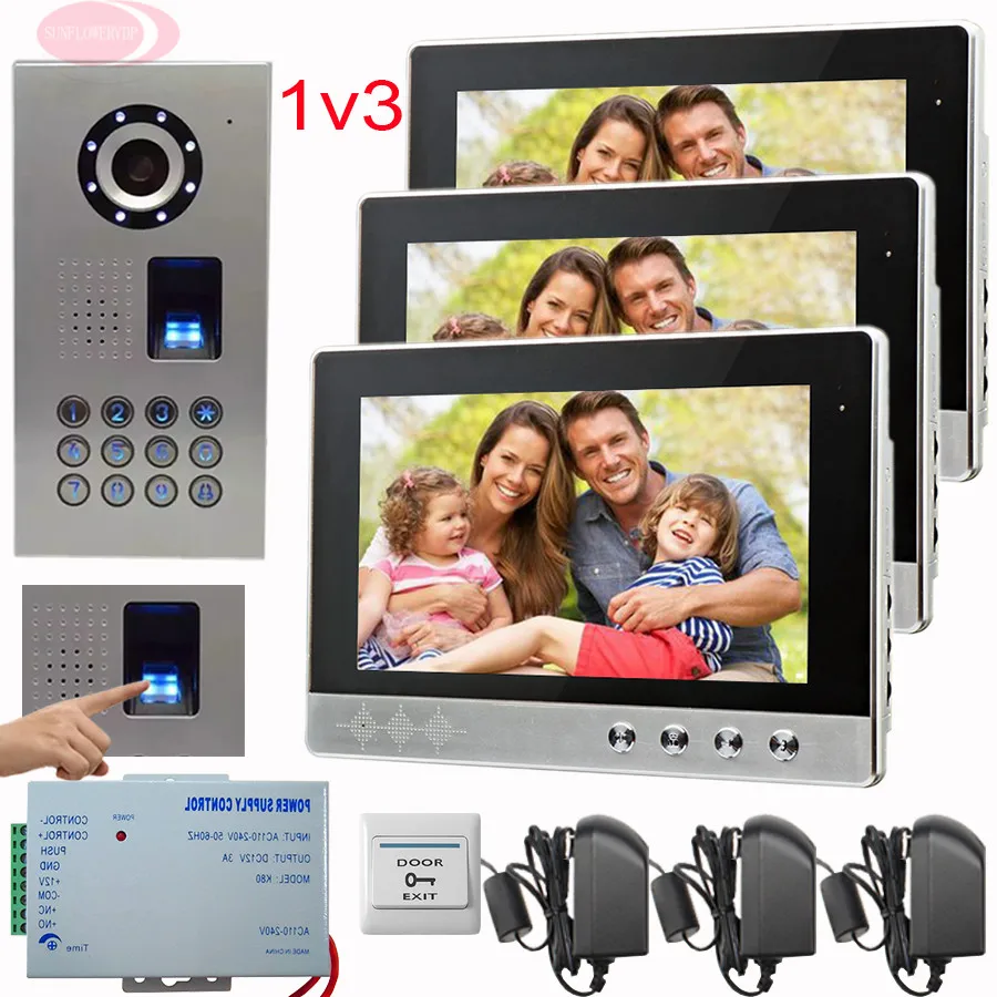 SUNFLOWERVDP видео домофонные системы 3 квартиры отпечатков пальцев/код разблокировки домашнего видео-телефон двери 10 ''system блок IP65