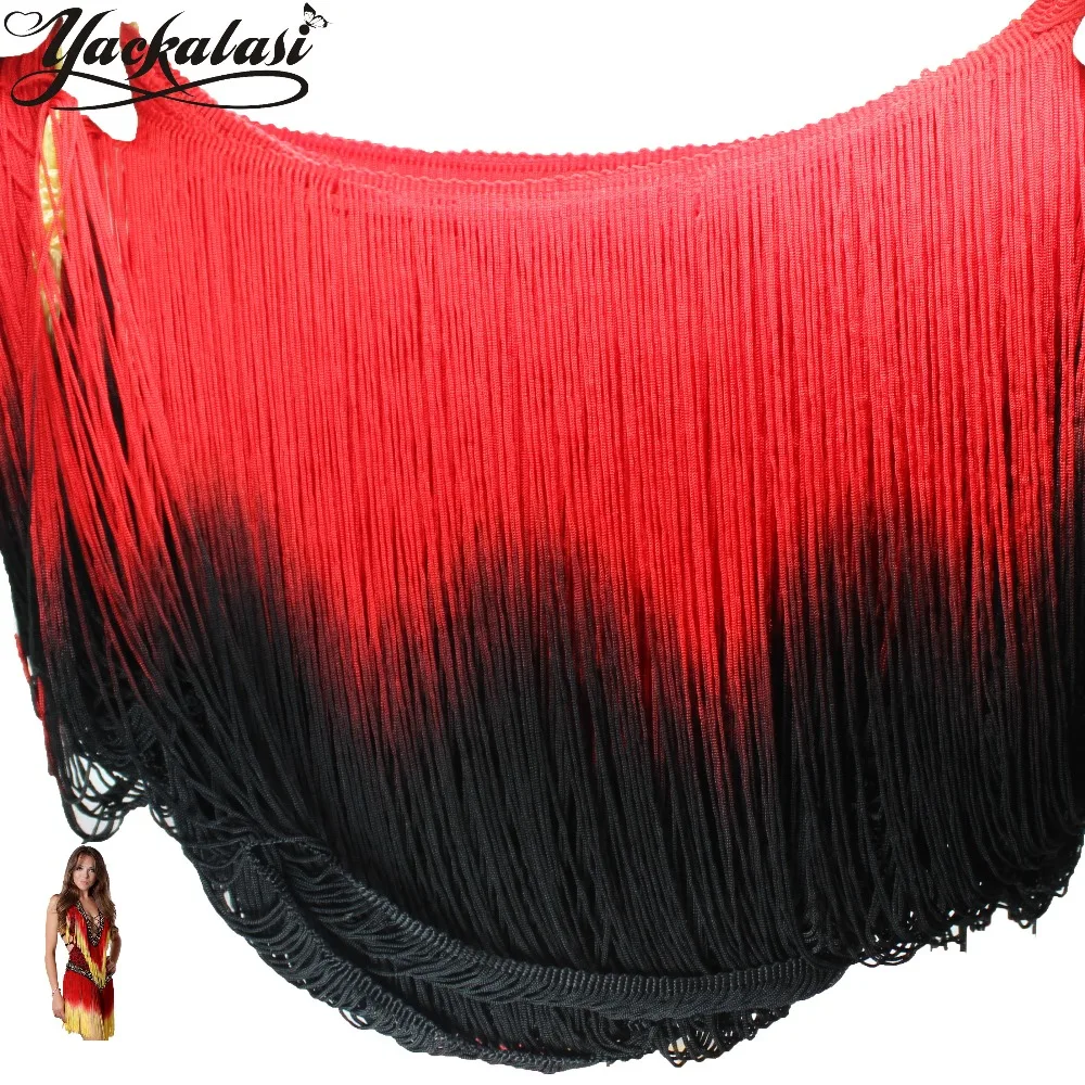 

YACKALASI Dip Dye Ombre Fringe Tassel Soft Rayon Latin Macrame Dance Dress Trimming Samba Skirt Tassel Red Black 25cm