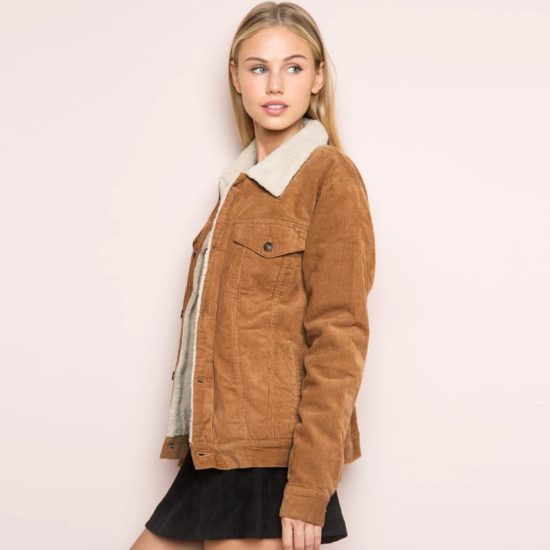 Casual Brown Corduroy Long Sleeve Turn-down Collar Denim Jacket