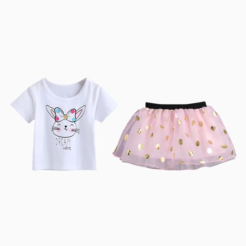 

Casual Pullover O-Neck 3M-3T Mesh Kids Baby Girls Short Sleeve Cartoon Print Cotton T-Shirt+ Mesh Short Skirt Princess Set