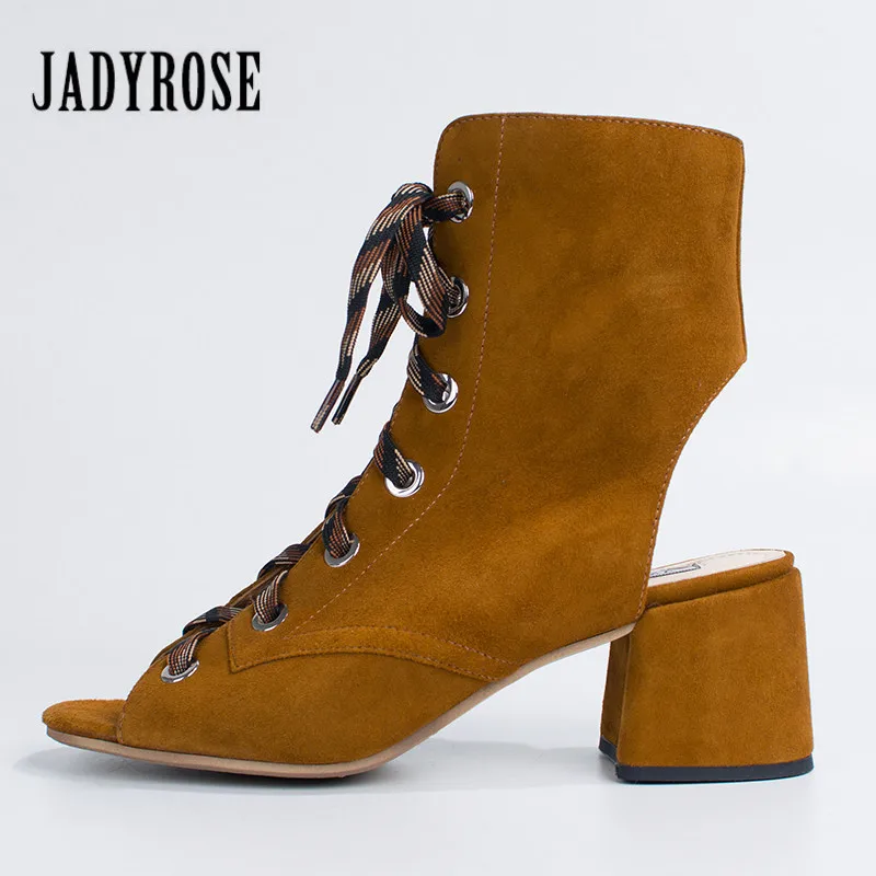 

Jady Rose Brown Suede Summer Women Sandals Peep Toe Lace Up Chunky High Heel Gladiator Sandal Summer Boots Ladies Shoes