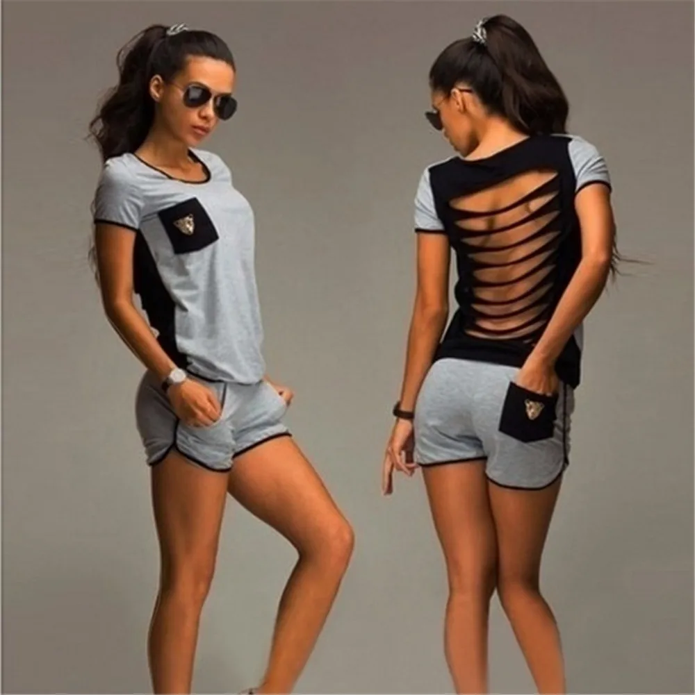 

2019 Women new fashion summer Hollow out short sleeve shorts back top suit Two-piece set sporting t-shirts shorts tracksuit 2xl