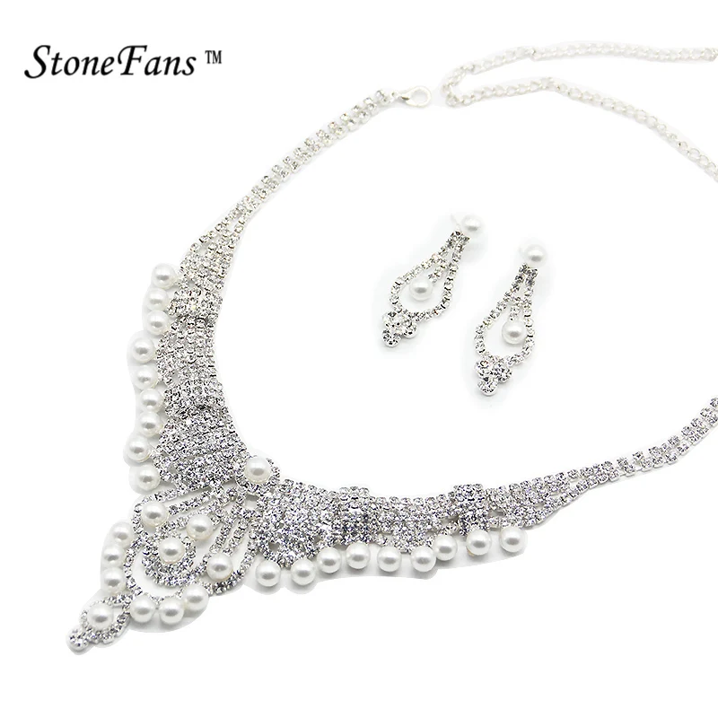 

StoneFans Rhinestone White Freshwater Pearl Necklace For Woman Natural Pearl Necklace AAA With Potato Shape Pearls Round Set