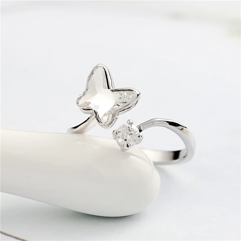 butterfly crystal open ring 100% Sterling 925 silver Jewelry Vintage Adjustable rings for women girl gift free size