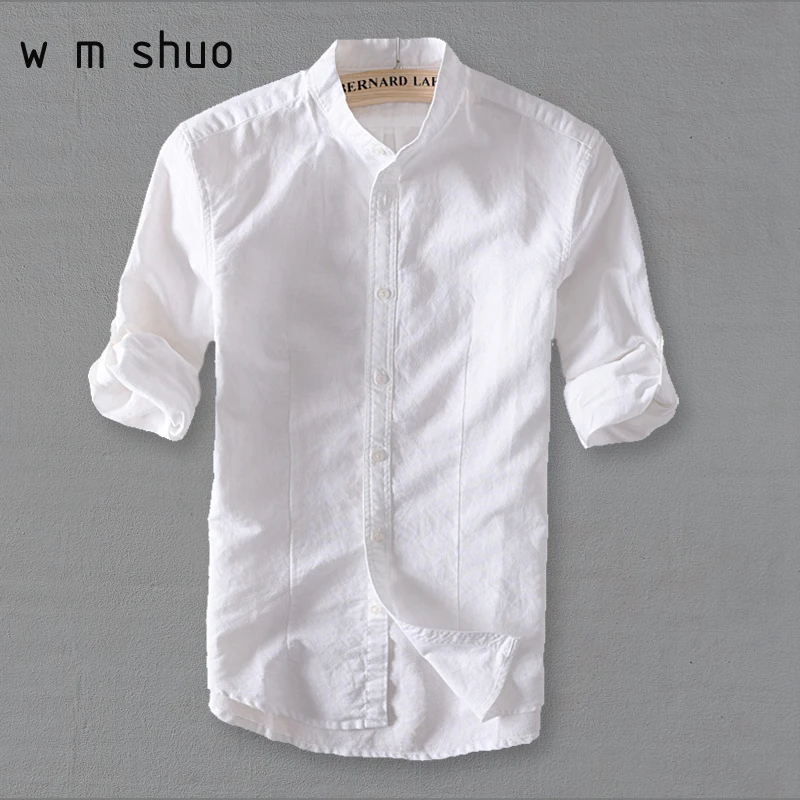 WMSHUO Men White Linen Shirt Stand Collar Chinese Traditional Mandarin ...