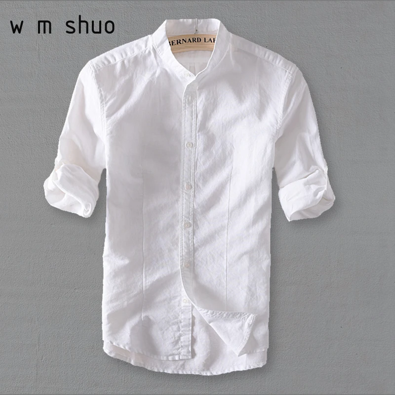 

WMSHUO Men White Linen Shirt Stand Collar Chinese Traditional Mandarin Collar Cotton Dress Shirt Long Sleeve Linen Shirt Y010