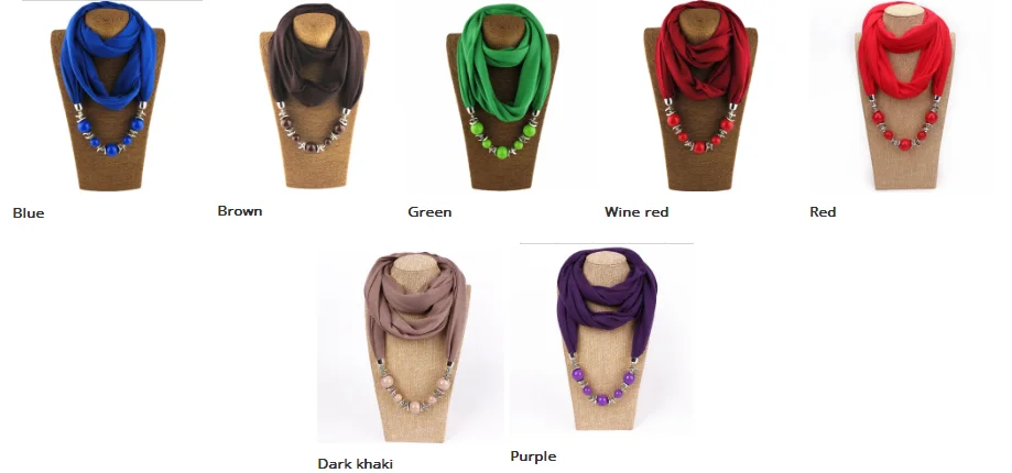 9 Colors Ethnic Unique Scarf Necklaces Resin Beads Pendant Neckerchief Statement Necklace Wraps Women Bohemia Necklaces Jewelry