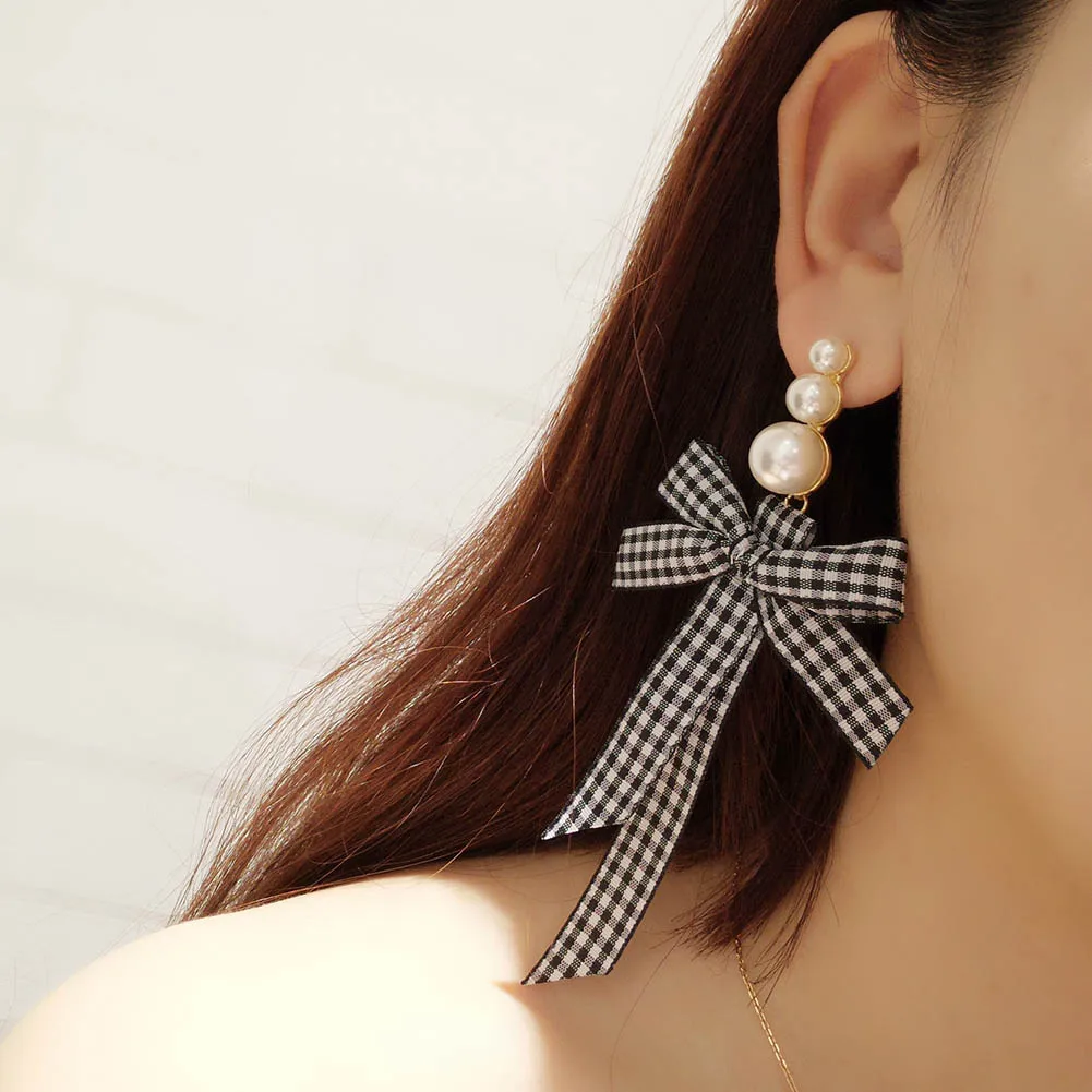 Fashion Jewelry Lattice Cloth Ribbon Bow Earrings Personality Imitation