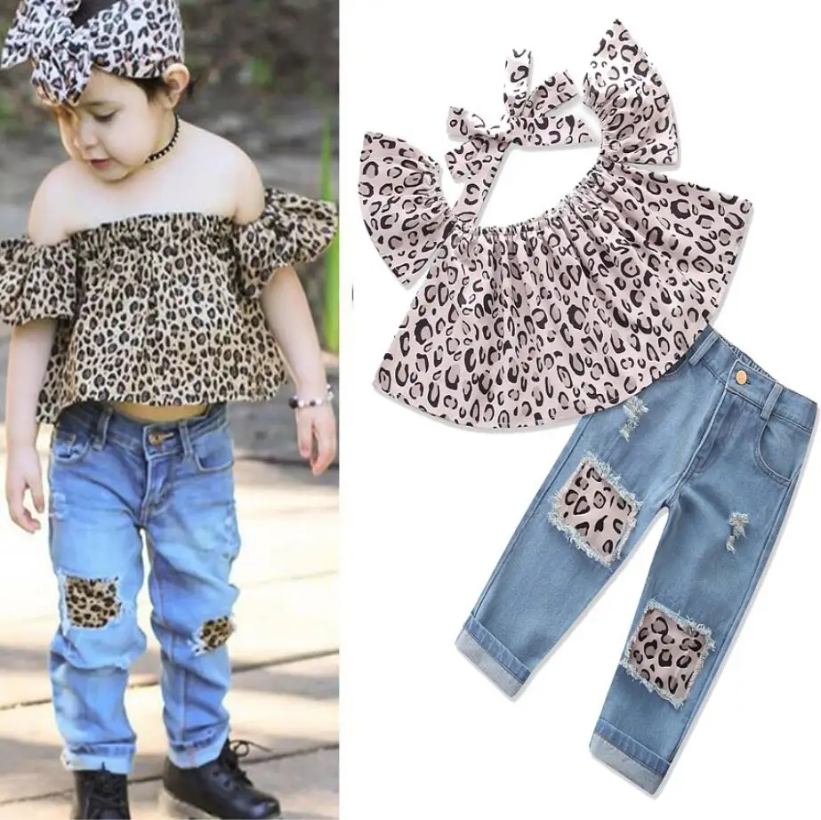 Free Shiping Baby Girl Leopard Print Outfits Kids Off Shoulder Tops