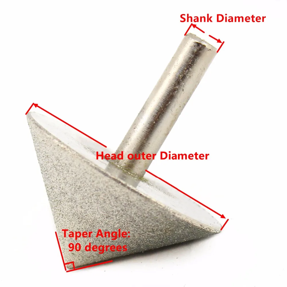 15-60 мм Алмазная Шлифовальная головка точки 90 градусов зернистость 150 вращающийся конус однотипные Угловые сверла отверстие для фаски с покрытием из стекла