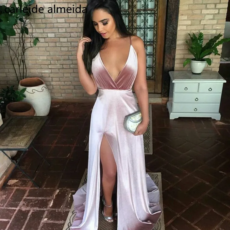 

Vestidos de fiesta V-neck Backless Sexy Prom Dresses High Split Long Prom Dress Vestido gala Simple Robe de soiree