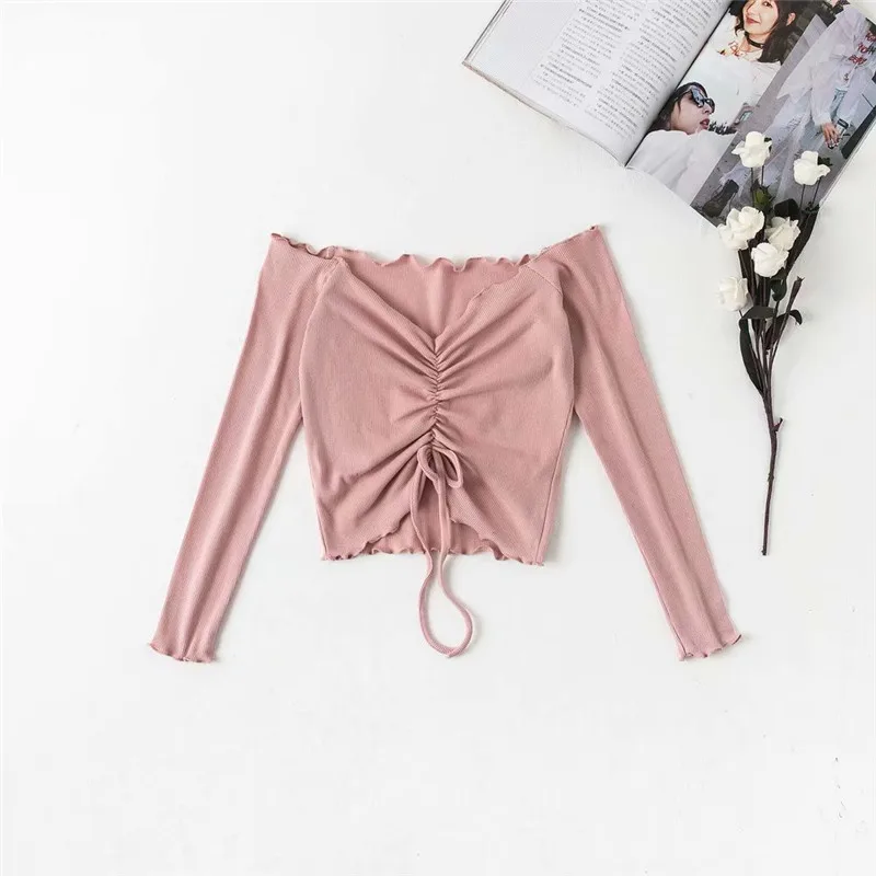 

summer new street pleated long-sleeved T-shirt female short paragraph solid color was thin sexy word shoulder T-shirt women