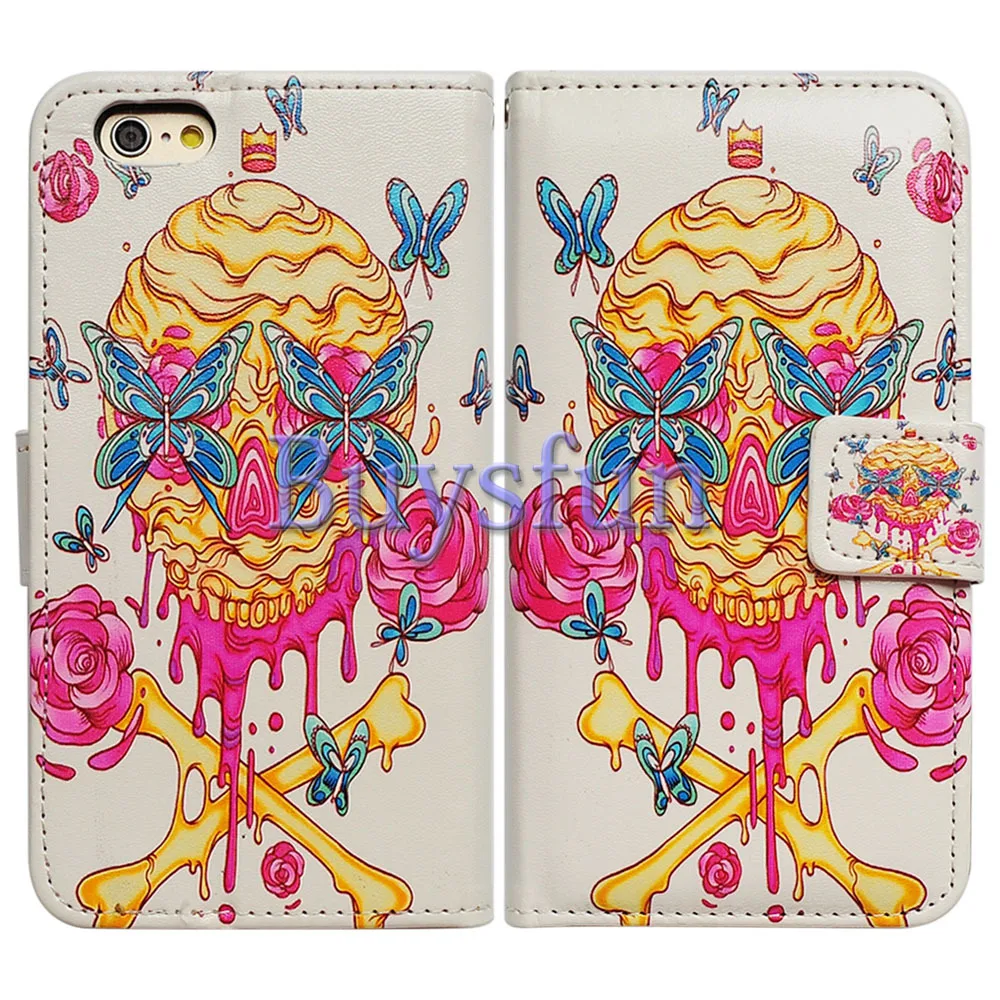 Bcov Bleed Floral Skull Card Slot Wallet Leather Cover Case for iPhone