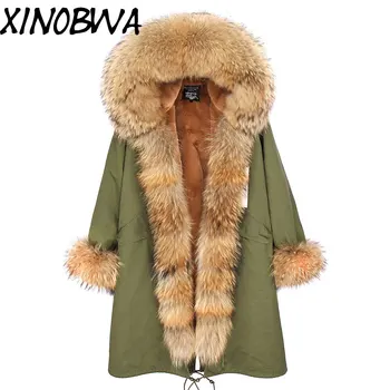 

Women Winter Fashion Army Green Big Real Raccoon Fur Hooded +Thick Warm Faux Liner Army Green Military Parkas Jackets Coats New