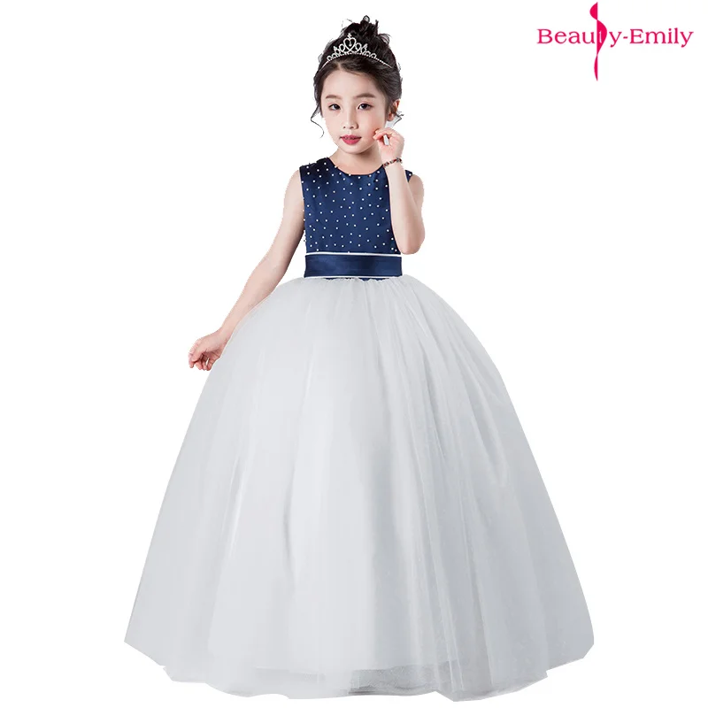 

Beauty Emily Elegant Girls Flower Dresses For Wedding O Neck Sleeveless Birthday Party Dresses Children Bow Ball Gowns Pageant