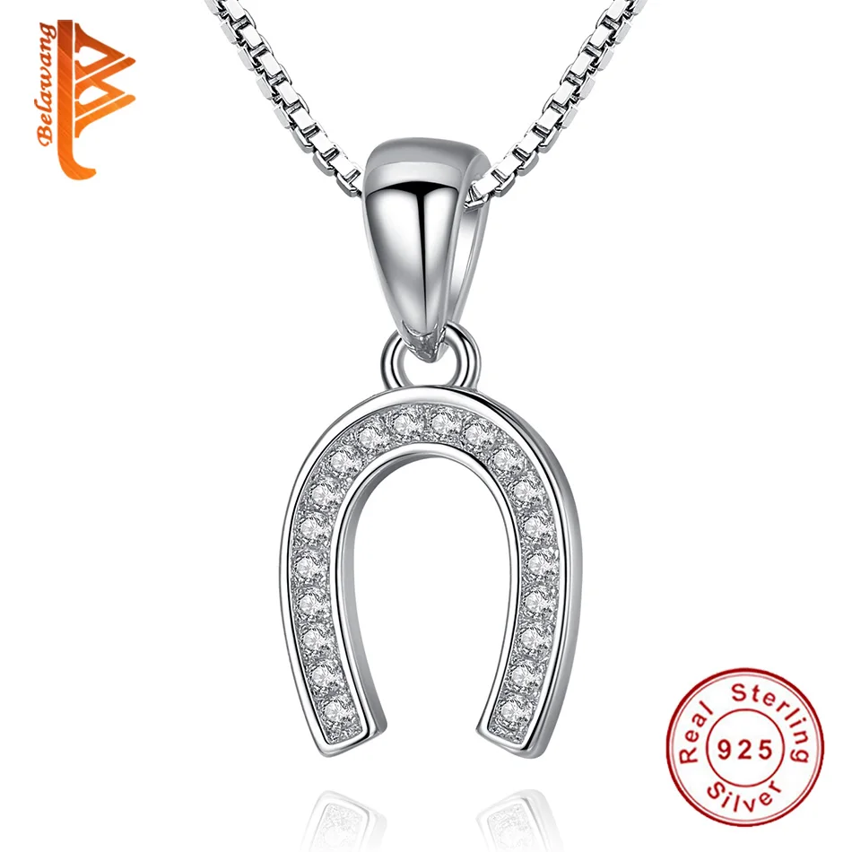 

BELAWANG Authentic 925 Sterling Silver Horseshoe Pendant Necklace for Women Clear CZ Crystal Chain Link Necklace Jewelry