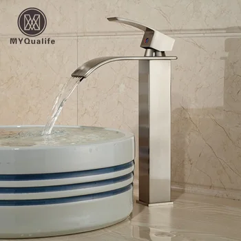 

Single Lever Waterfall Basin Sink Bathroom Mixer Taps Deck Mount Brass Hot Cold Water Taps Nickel Brush Finished