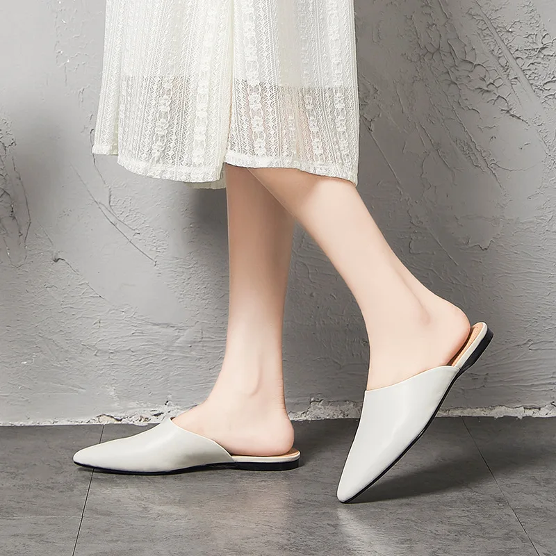 

Women Mules White Leather Slippers Autumn Shoes 2019 Pointed Toe Flat Heels Home Slippers Women Handmade Genuine Leather Slipper