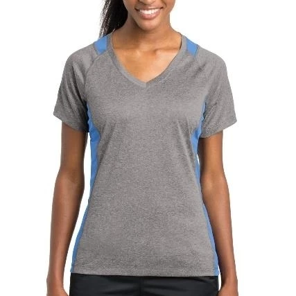 Sport-Tek LST361 Ladies Heather Colorblock Contender V Neck Tee Vintage Heather & Carolina Blue - Extra Small (1)