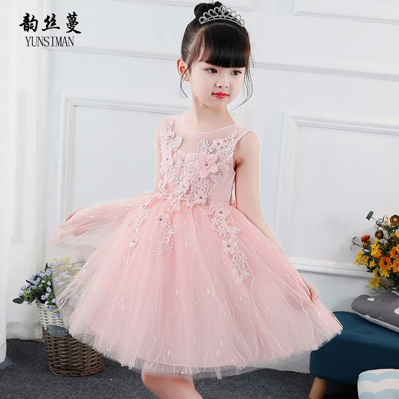 

Brand Kids Summer Dress for Girls Size 4 6 8 10 to 12 Y High Quality O-neck Floral White Mesh Knee Party Princess Dress 51C8A