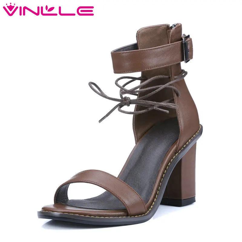 

VINLLE 2018 Woman Sandals Genuine Leather Sandals Square High Heel Summer Peep Toe Western Gladiator Wedding Shoes Size 34-39