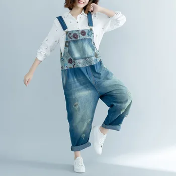 

Baggy Cowboy Strap Trousers Women Printed Ripped Denim Jumpsuit hanging crotch Rompers Boyfriend Style Wide Leg Bib Denim Pants
