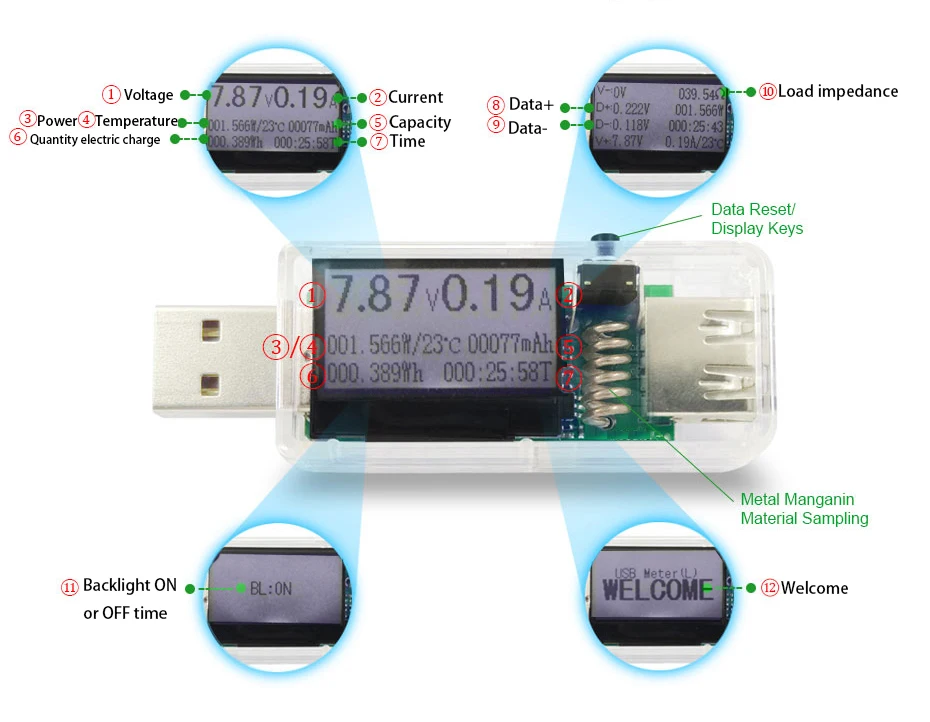 12 в 1 USB Тестер DC Цифровой вольтметр amperimetro voltagecurent метр амперметр детектор power bank