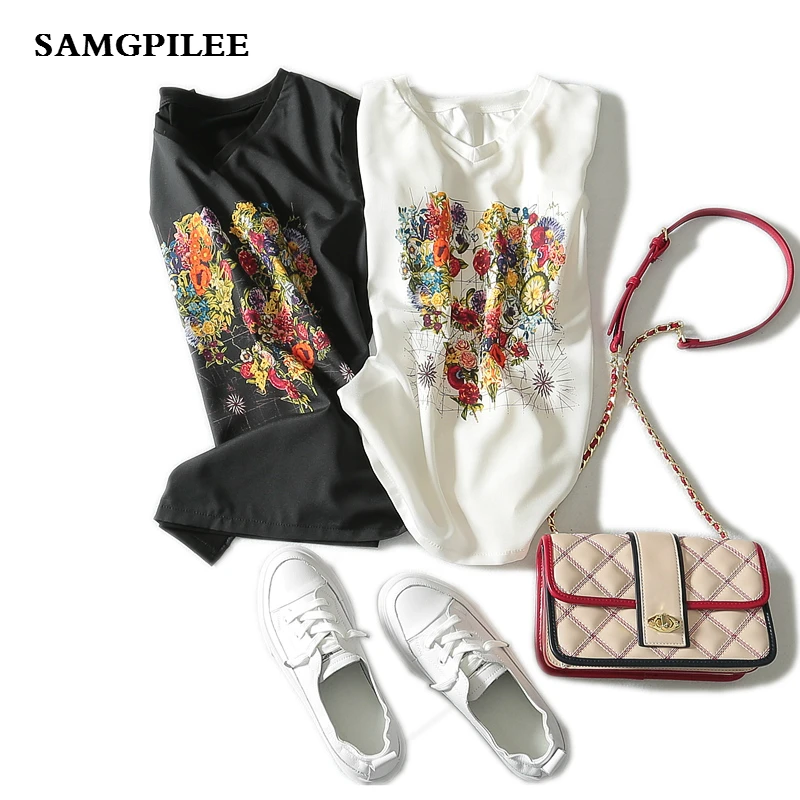 

2019 New Arrival Summer Samgpilee Casual Knitted Short sleeve Appliques fashion Print V-neck women T-shirts L-3XL
