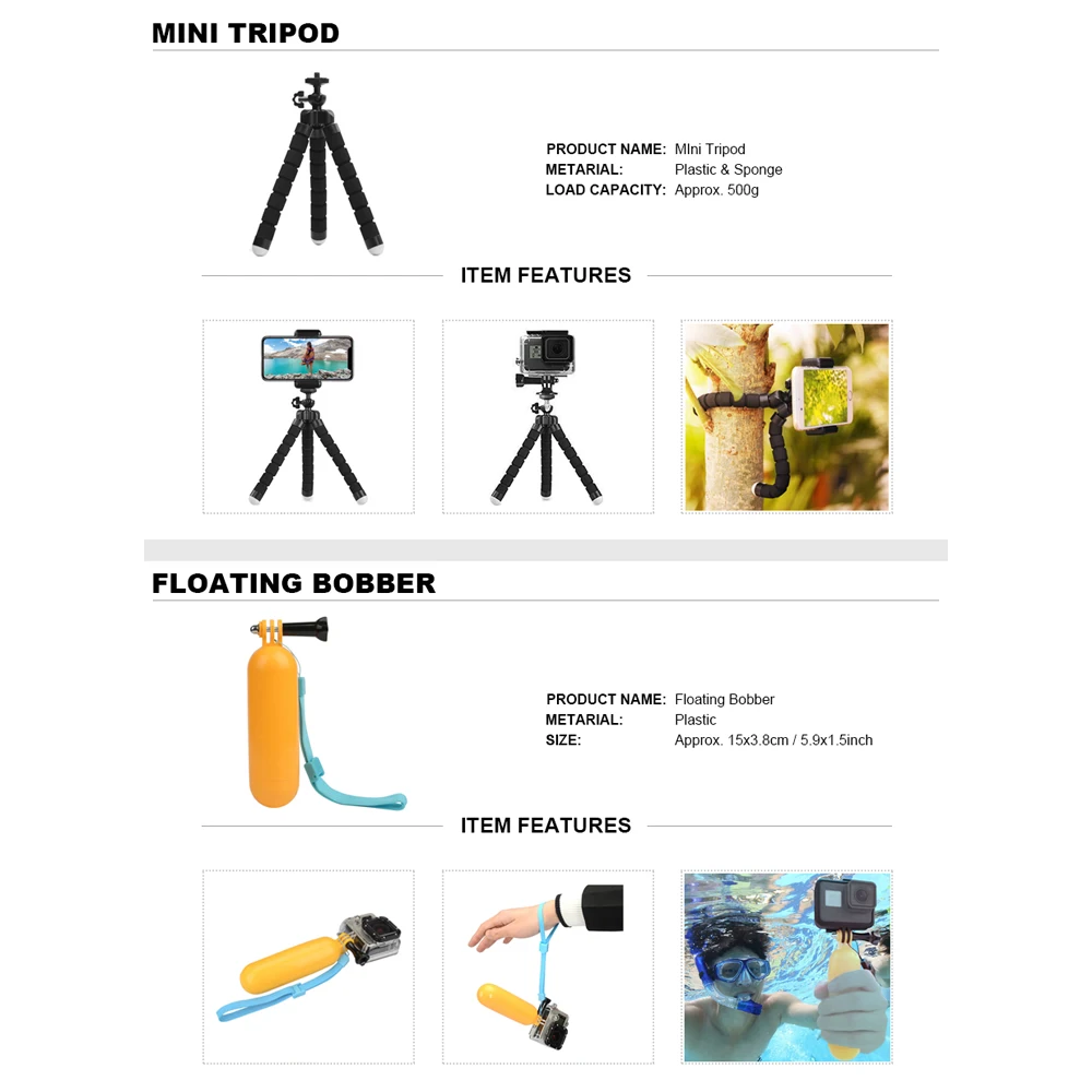 Para GoPro conjunto de accesorios para Go Pro Hero 7 6 5 4 3 kit trípode Selfie Stick adaptador de montaje para xiaomi Yi 4K Lite SJCAM SJ7 Eken H9 - 5