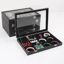 35×24 Multifuncional 1 unid Negro Caso de Cuero Exhibición De La Joyería Organizador Bandeja Caja De Almacenamiento Con Tapa De Cristal Para El Collar anillo