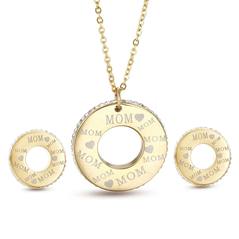 

Mother's day gift circular shape letter mom jewelry sets gold color stainless steel pendant necklace and stud earrings set